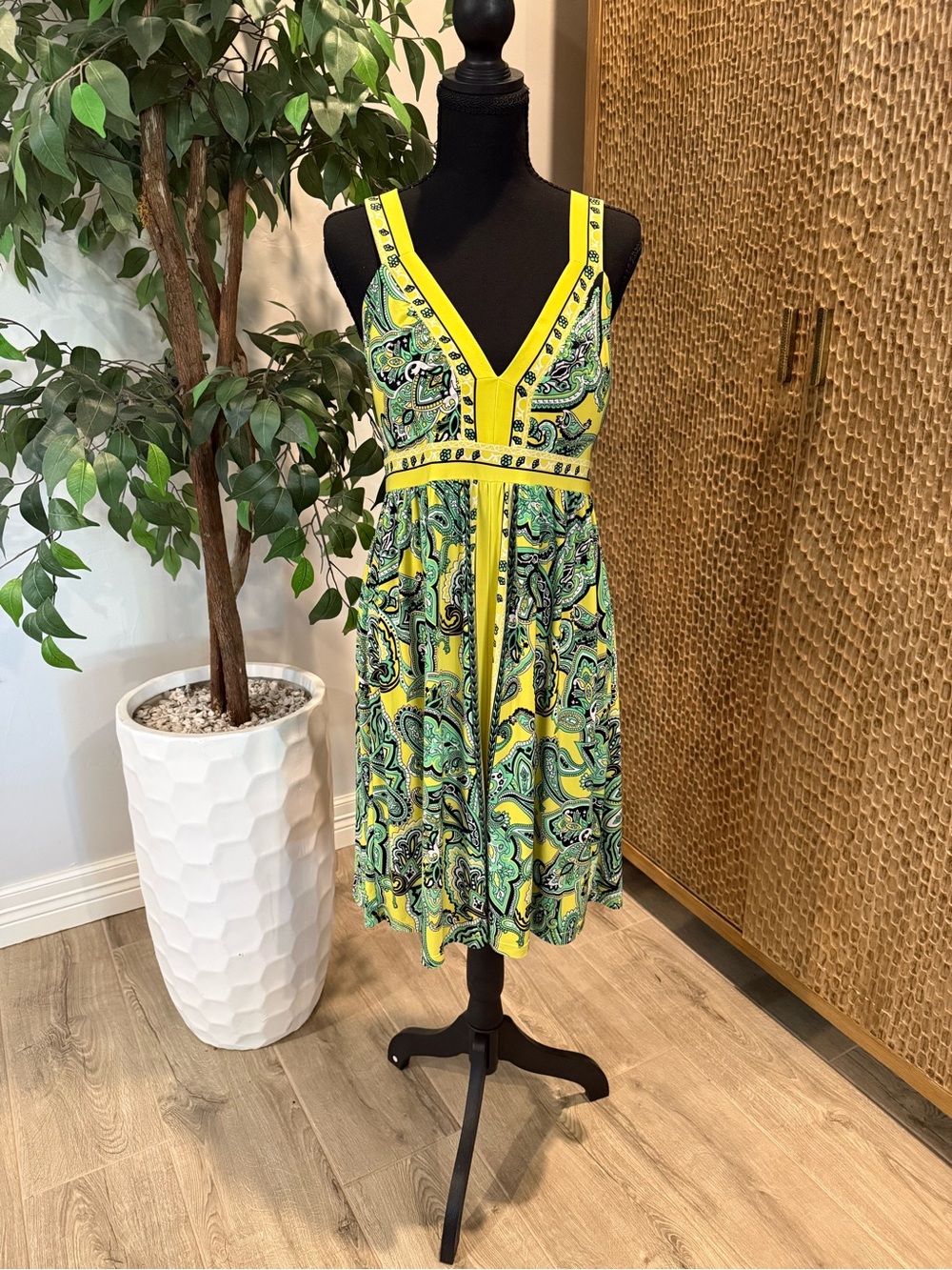 INC International Concepts Yellow and Green Paisley V-Neck Sundress